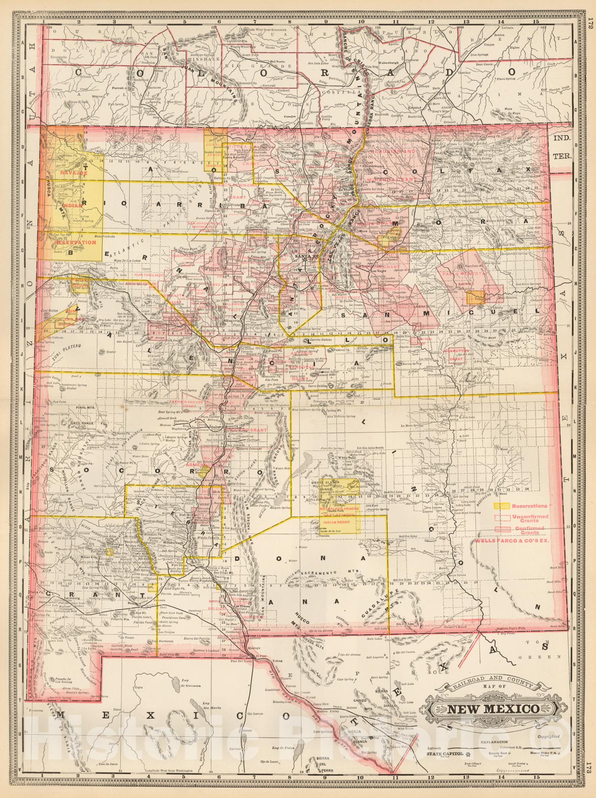 Historic Map - Railroad and County Map of New Mexico, 1892, George F. Cram - Vintage Wall Art