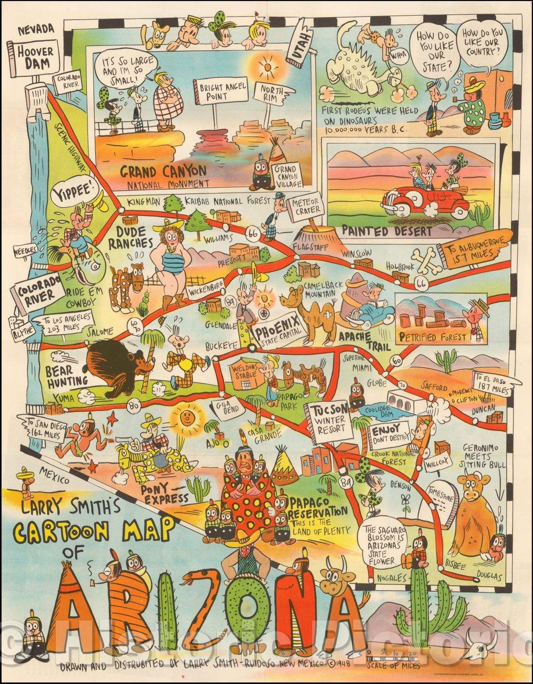 Historic Map - Larry Smith's Cartoon Map of Arizona, 1948, Larry Smith - Vintage Wall Art