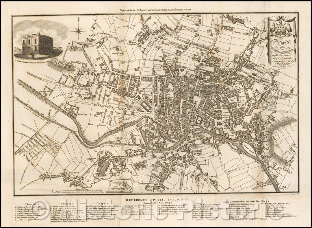 Historic Map - Plan of the Town of Leeds with the recent Improvements. Surveyed in, 1822, Edward Baines - Vintage Wall Art