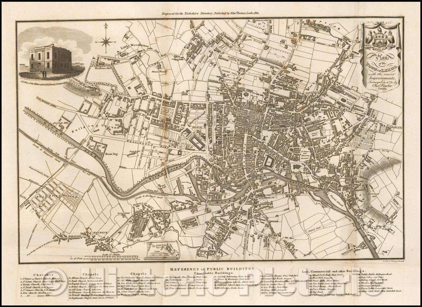 Historic Map - Plan of the Town of Leeds with the recent Improvements. Surveyed in, 1822, Edward Baines - Vintage Wall Art