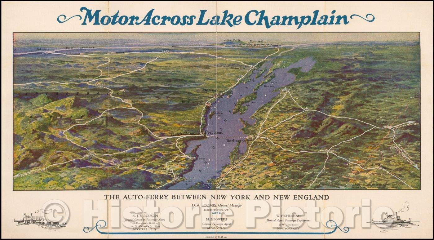 Historic Map - Motor Across Lake Champlain, 1932, Champlain Transportation Co. - Vintage Wall Art