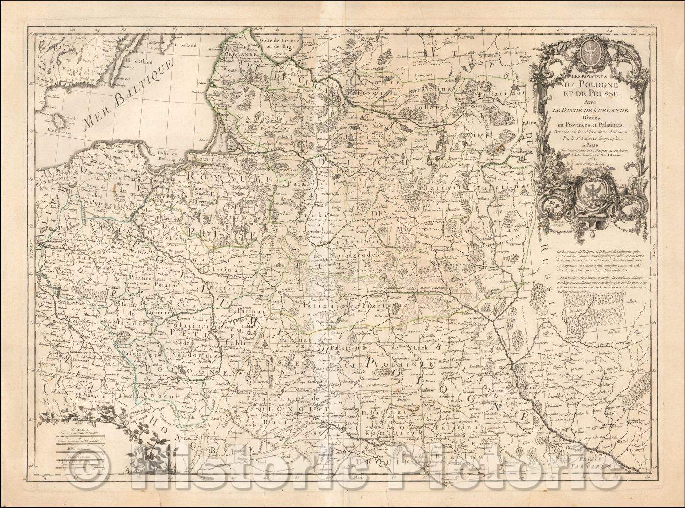 Historic Map - Les Royaumes de Pologne et de Prusse Avec Le Duche de Curlande Divises en Provinces et Palatinats, 1760, Jean Janvier - Vintage Wall Art