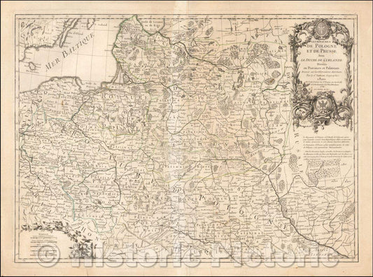 Historic Map - Les Royaumes de Pologne et de Prusse Avec Le Duche de Curlande Divises en Provinces et Palatinats, 1760, Jean Janvier - Vintage Wall Art