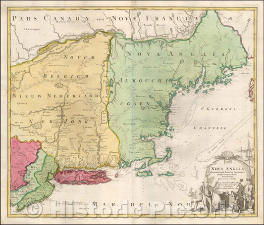 Historic Map - Nova Anglia Septentrionali Americae implantata Anglorumique coloniis florentissima, 1716, Johann Baptist Homann - Vintage Wall Art