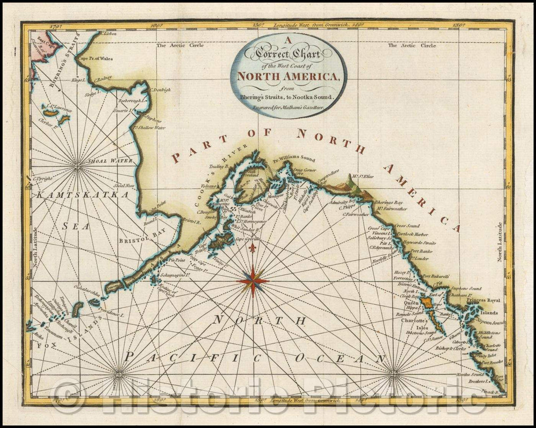 Historic Map - Alaska, A Correct Chart of the West Coast of North America from Bhering's Straits to Nootka Sound, 1795, Malham - Vintage Wall Art