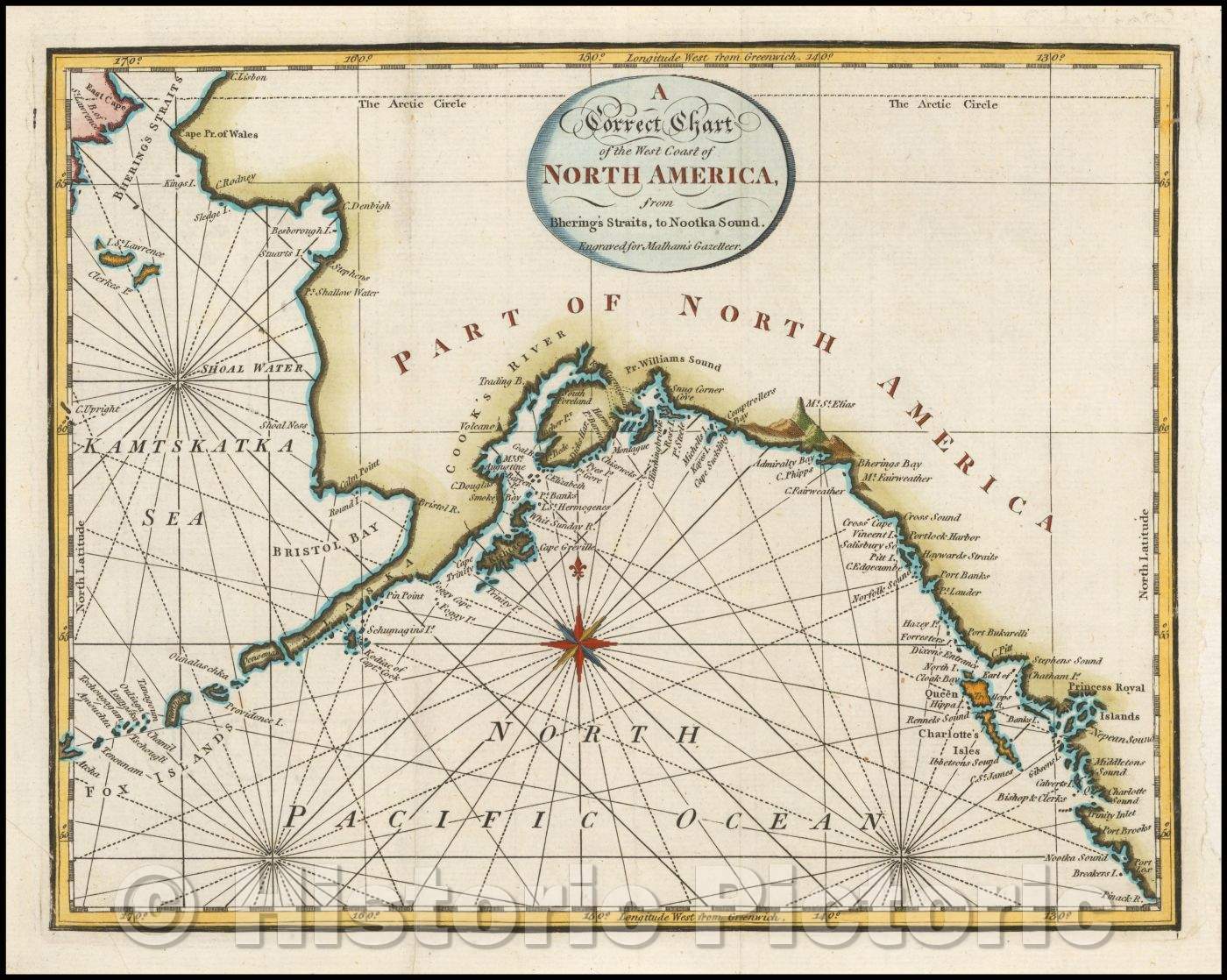 Historic Map - Alaska, A Correct Chart of the West Coast of North America from Bhering's Straits to Nootka Sound, 1795, Malham - Vintage Wall Art