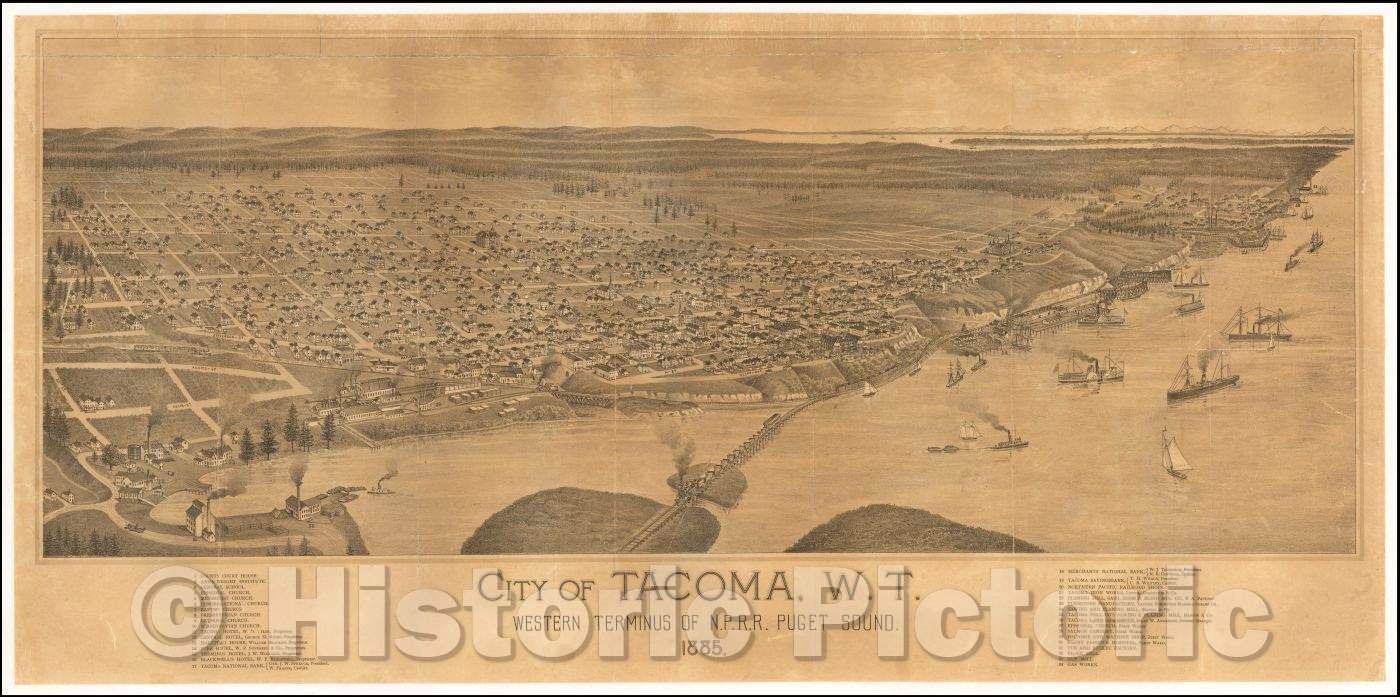 Historic Map - City of Tacoma, W.T. Western Terminus of the N.P.R.R. Puget Sound, 1885, Anonymous - Vintage Wall Art