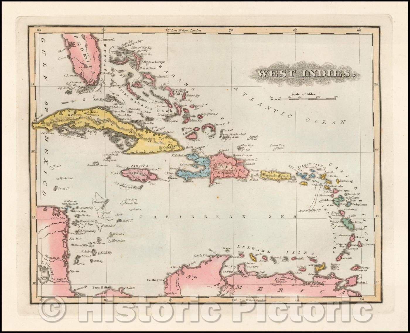 Historic Map - West Indies, 1823, Fielding Lucas Jr. - Vintage Wall Art