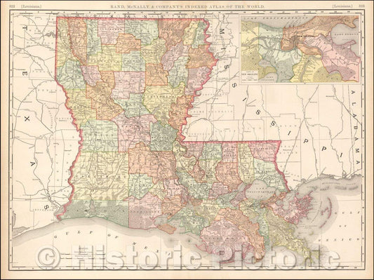 Historic Map - Louisiana, 1898, Rand McNally & Company - Vintage Wall Art