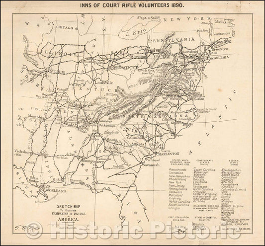 Historic Map - Inns of Court Rifle Volunteers 1890. Sketch Map To Illustrate Campaigns of 1861-1865 in America, 1890, T. Miller Maguire - Vintage Wall Art