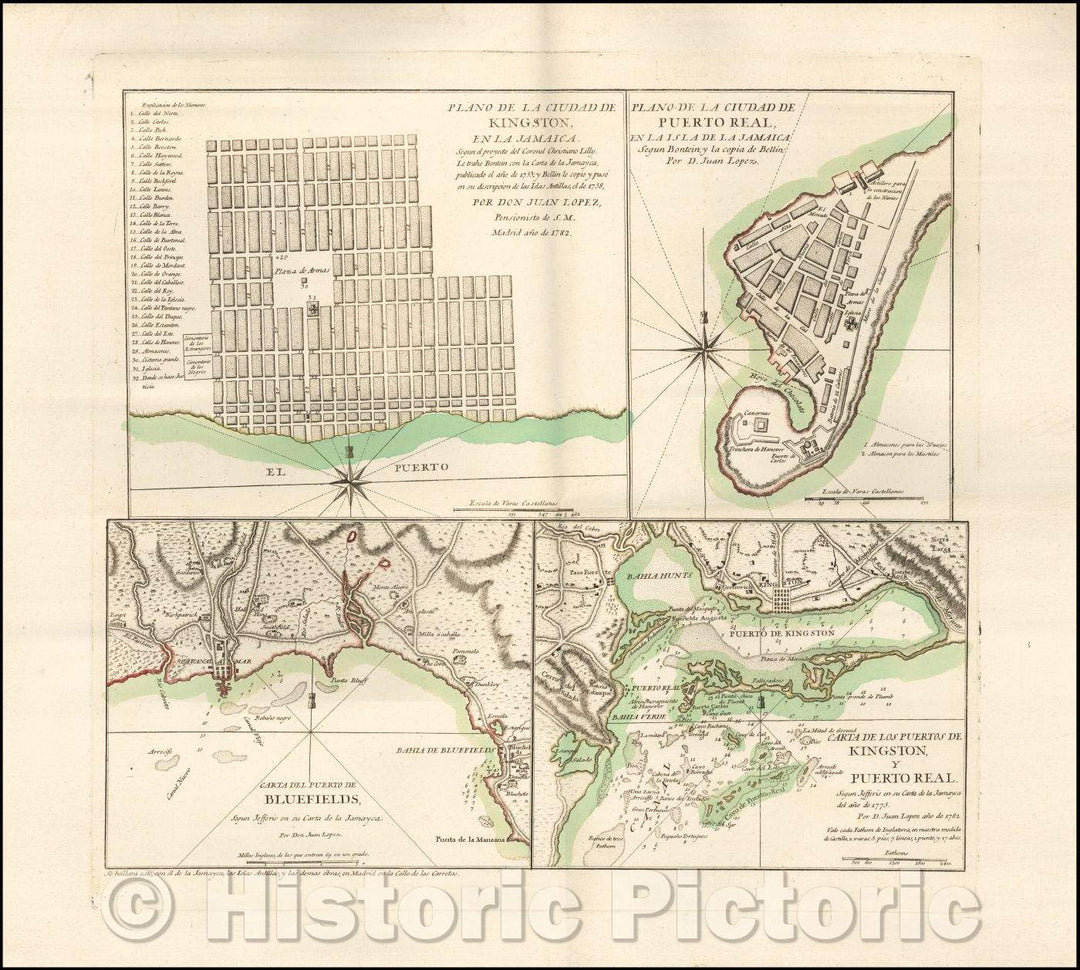 Historic Map - Plano De La Ciudad De Kingston, En La Jamaica. / Four Plans which include Kingston, Port Royal, and Bluefields, 1782, Don Juan Lopez - Vintage Wall Art