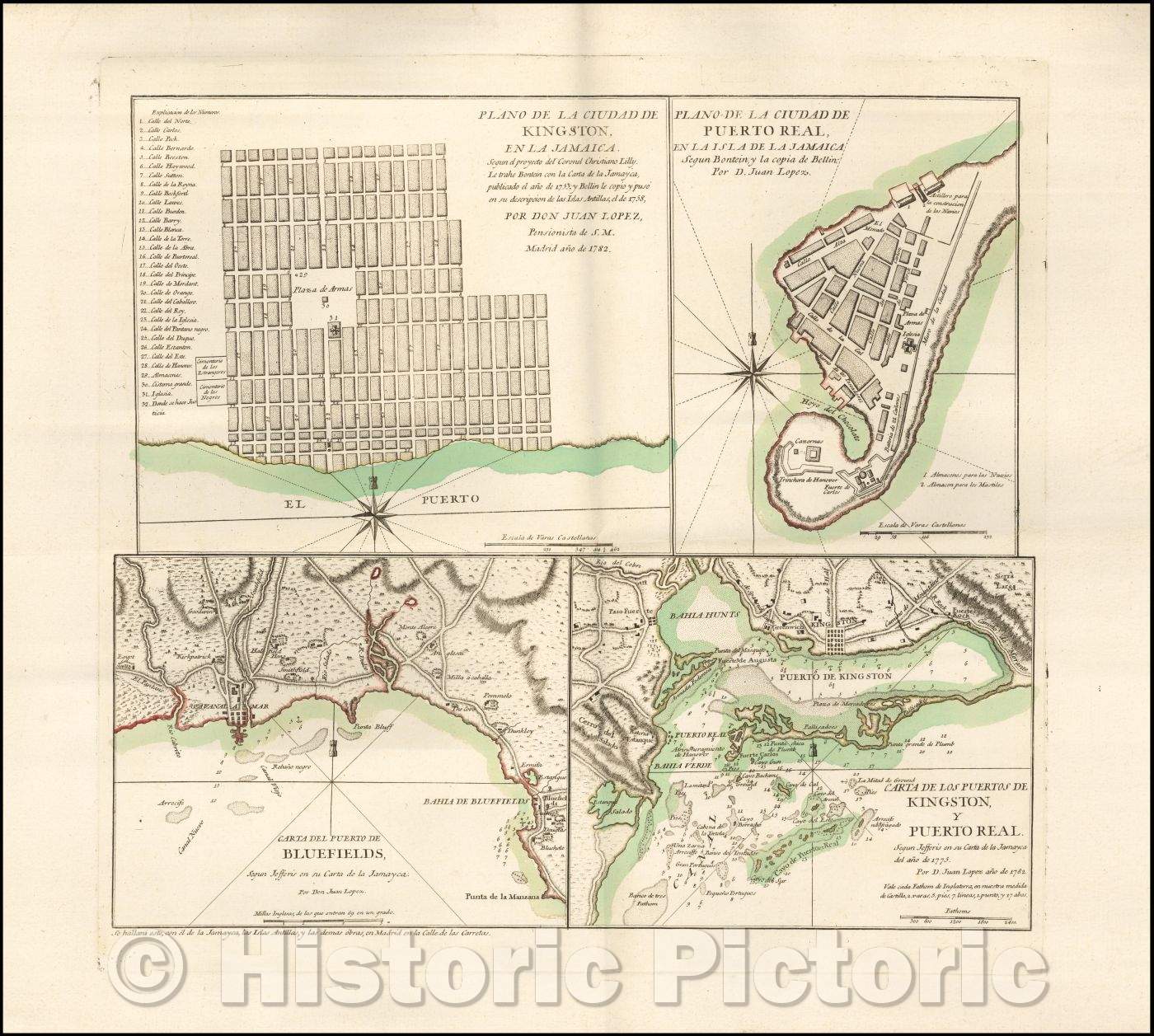 Historic Map - Plano De La Ciudad De Kingston, En La Jamaica. / Four Plans which include Kingston, Port Royal, and Bluefields, 1782, Don Juan Lopez - Vintage Wall Art