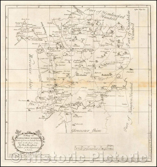 Historic Map - A Map of Barlichway Hundred. Reduc'd from an Actual Surveymade in the Year 1725, 1730, Henry Beighton - Vintage Wall Art