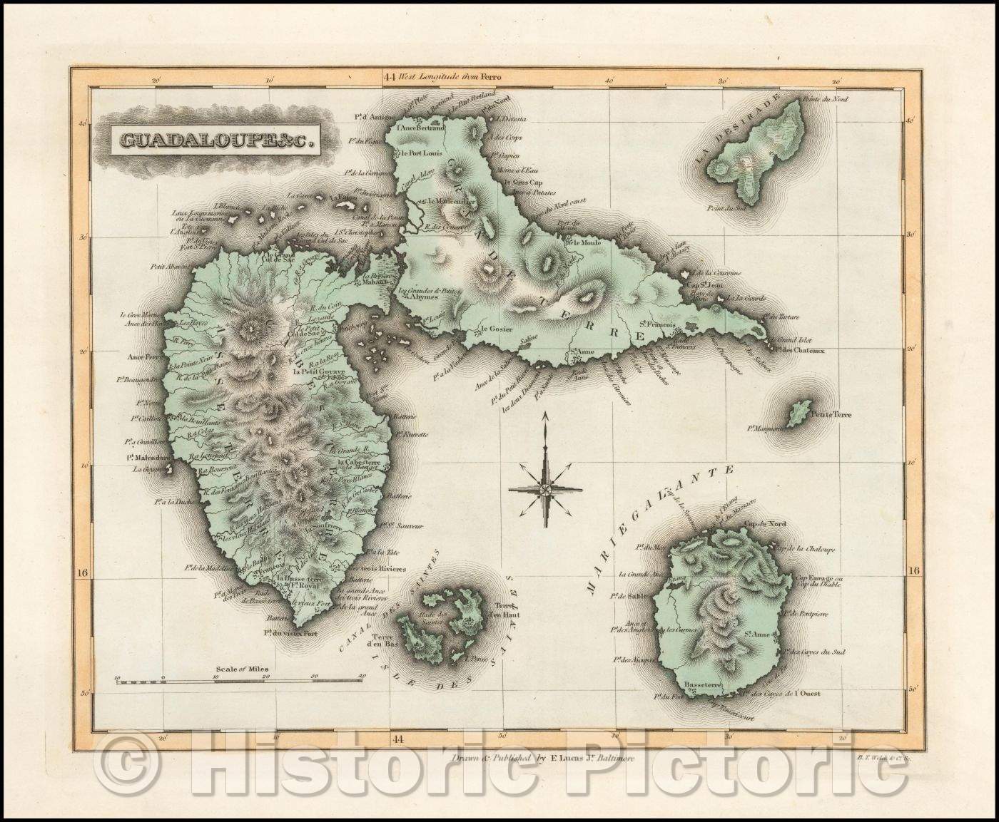 Historic Map - Guadalupe Marie Galante, Isle Des Saintes, La Desirade, 1823, Fielding Lucas Jr. v1