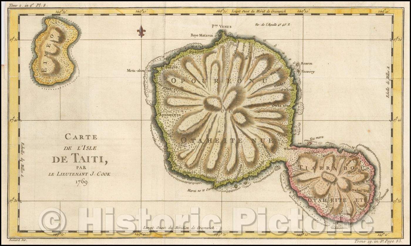 Historic Map - Carte De L'Isle De Taiti, par Le Lieutenant J. Cook 1769 / Map of Tahiti, 1780, James Cook - Vintage Wall Art