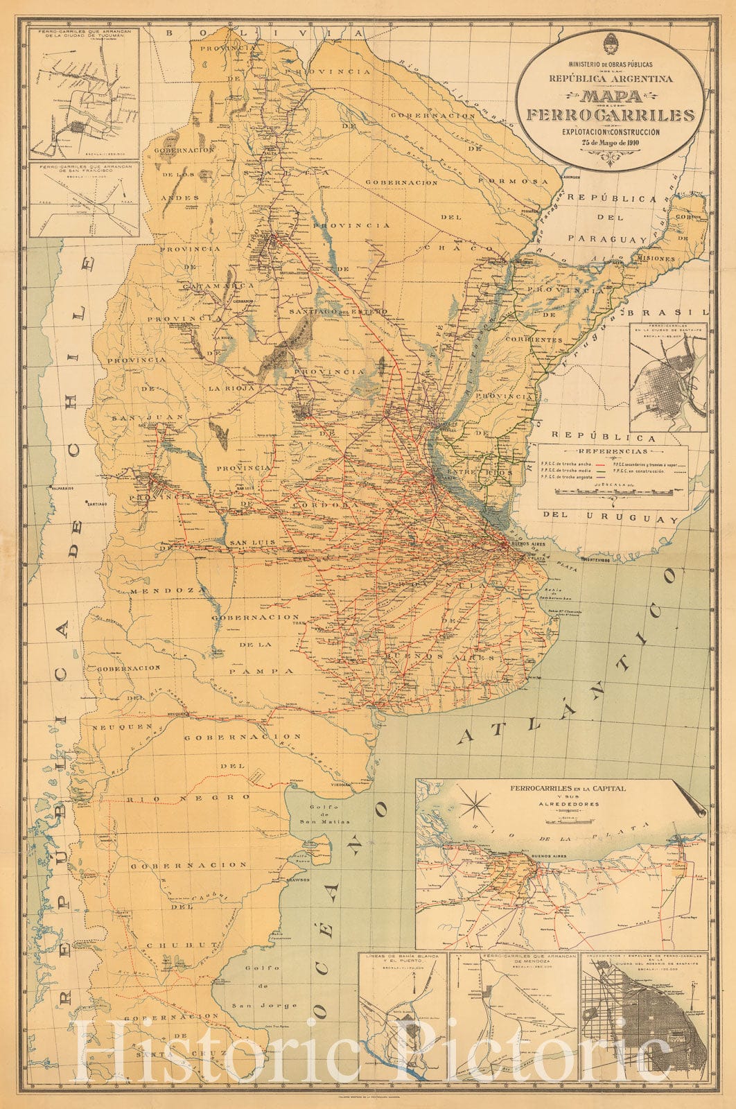 Historic Map - Mapa de los Ferrocarriles Explotacion y Constuccion 25 de Mayo 1910 / Map showing the railroads of the Republic of Argentina, 1910 - Vintage Wall Art