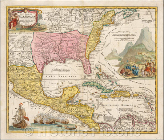 Historic Map - Regni Mexicani seu Novae Hispaniae Ludovicianae N. Angliae, Carolinae, Virginiaa :: De L'Isle's landmark of Mexico and Florida, 1712 - Vintage Wall Art