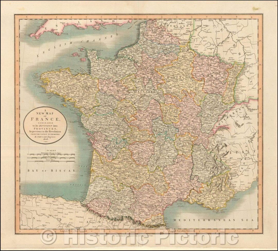 Historic Map - France, Agreeable to its Division into Provinces, As Previous To The Revolution, 1806, John Cary - Vintage Wall Art
