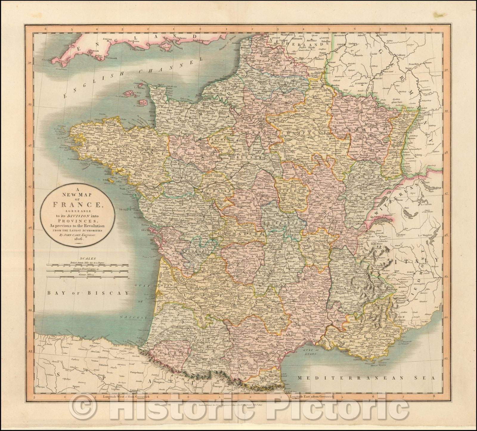 Historic Map - France, Agreeable to its Division into Provinces, As Previous To The Revolution, 1806, John Cary - Vintage Wall Art