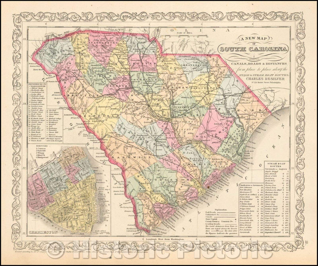 Historic Map - South Carolina with Its Canals, Roads & Distances from place to place along the Stage & Steam Boat Routes (Charleston inset), 1857 - Vintage Wall Art