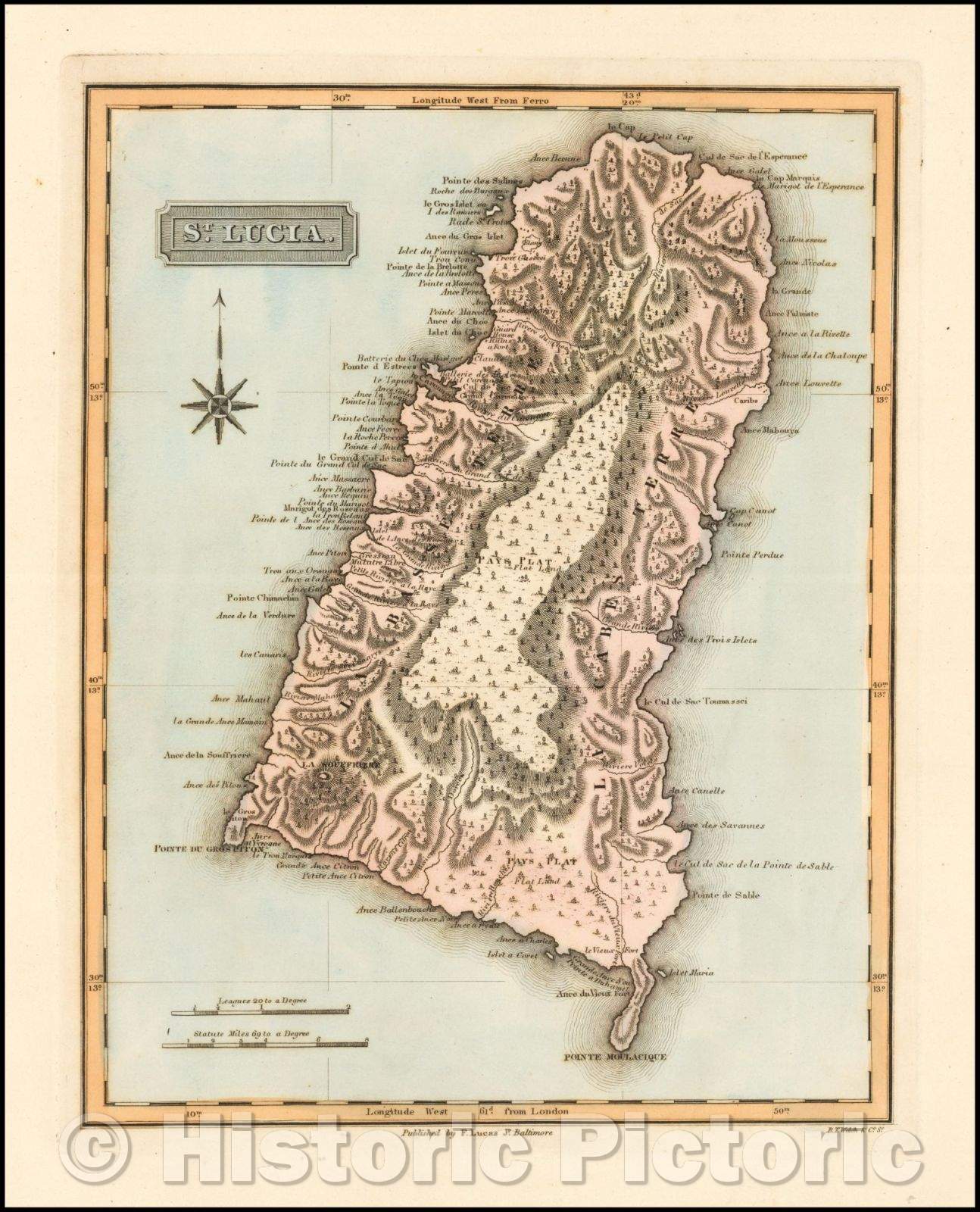Historic Map - St. Lucia, 1823, Fielding Lucas Jr. - Vintage Wall Art