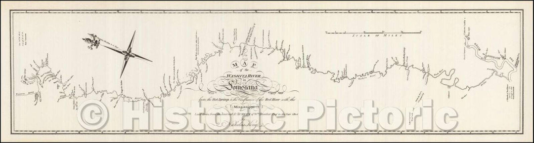 Historic Map - Map of the Washita river in Louisiana from the Hot Springs to the confluence of the Red River with the Mississippi, 1804, George T. Dunbar - Vintage Wall Art