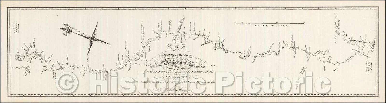 Historic Map - Map of the Washita river in Louisiana from the Hot Springs to the confluence of the Red River with the Mississippi, 1804, George T. Dunbar - Vintage Wall Art