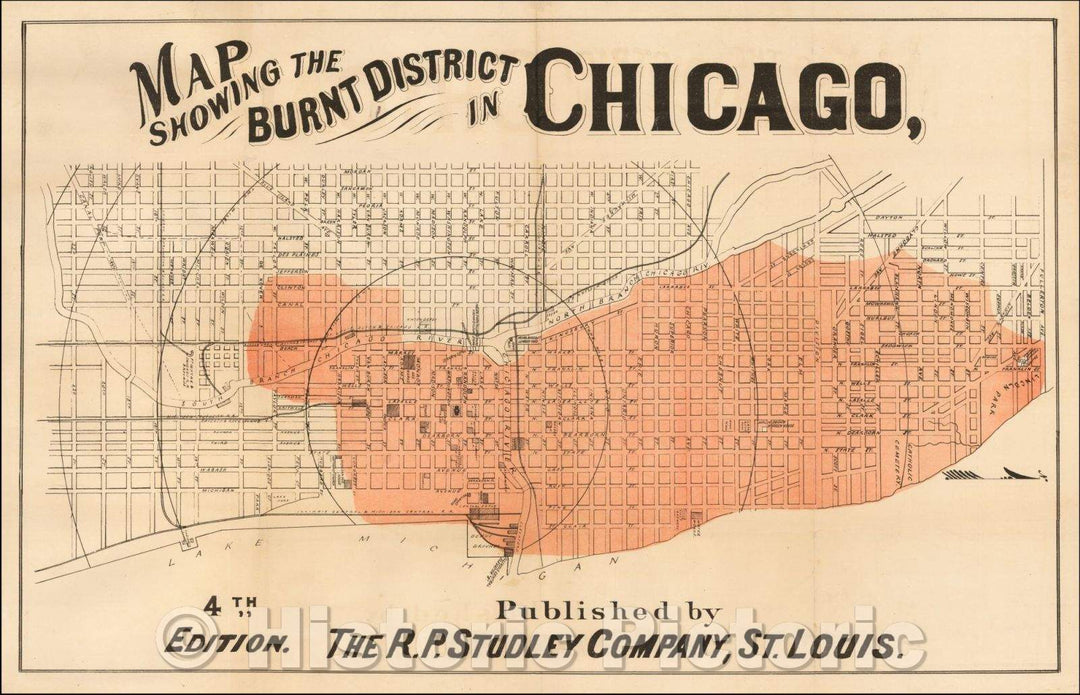 Historic Map - Map Showing the Burnt District in Chicago, 1871, R.P. Studley Company - Vintage Wall Art