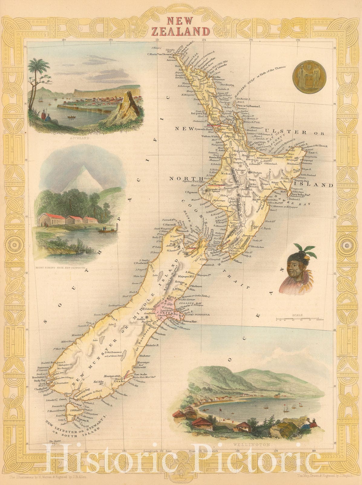 New Zealand - Tallis Colored Map, 1851 - Historical Map Print