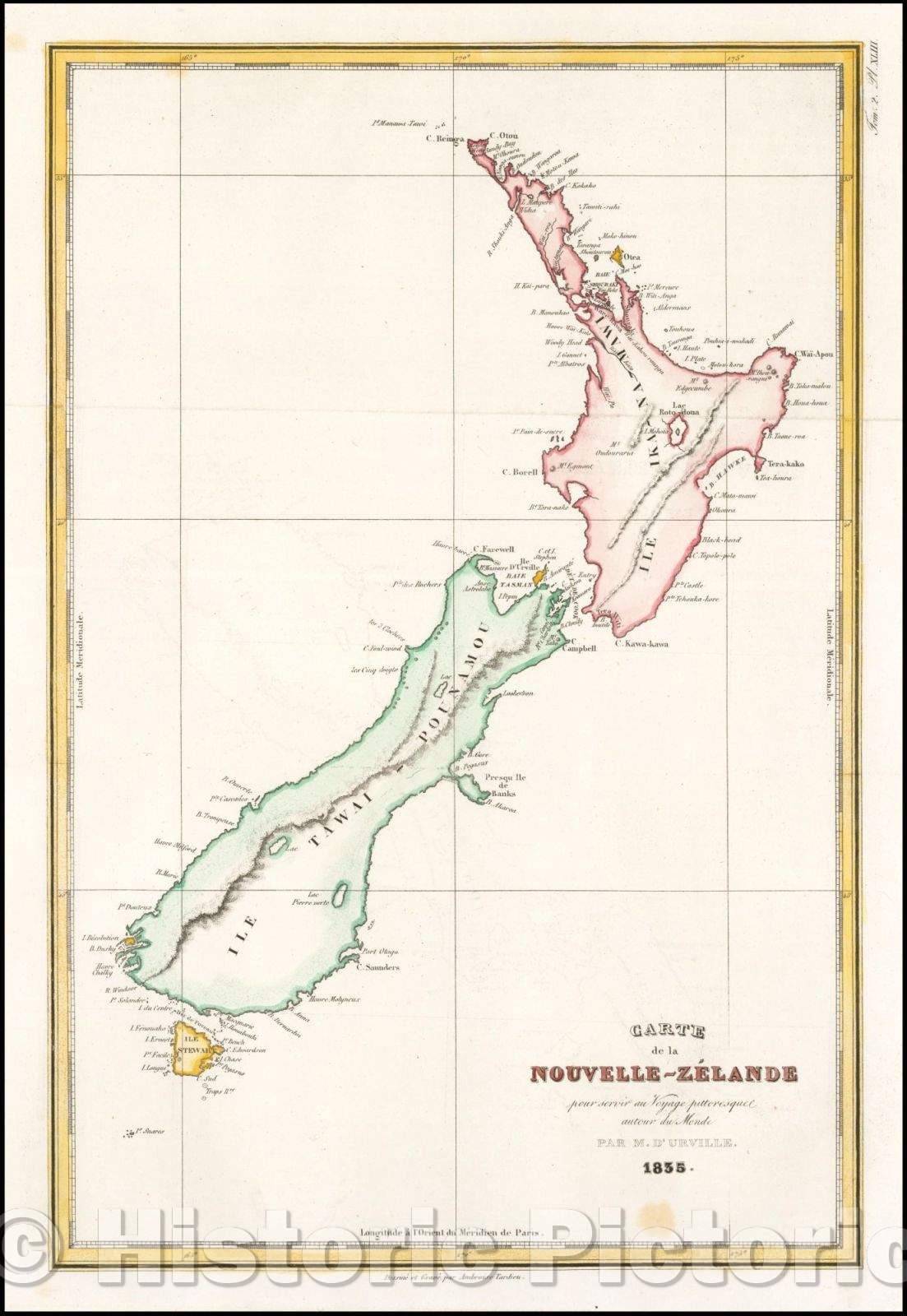 Historic Map - Carte de la Nouvelle-Zelande pour Servir au Voyage Pittoresque autour du Monde, 1835, Jules Sebastian Cesar Dumont-D'Urville - Vintage Wall Art