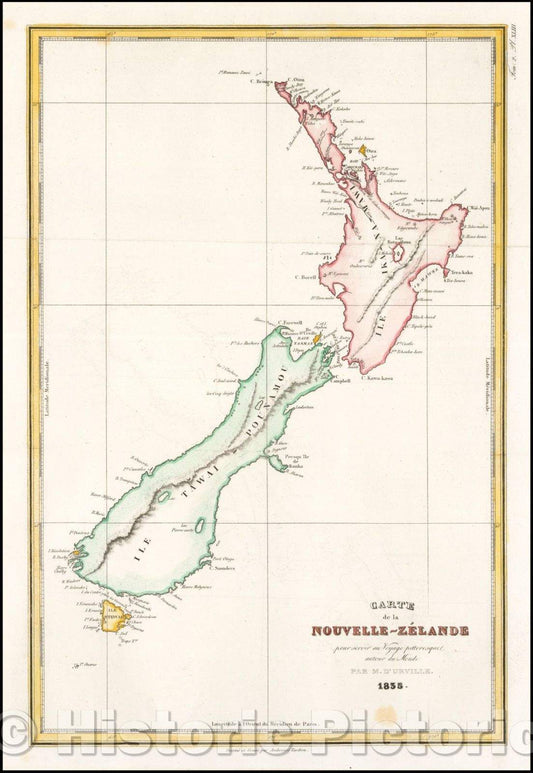 Historic Map - Carte de la Nouvelle-Zelande pour Servir au Voyage Pittoresque autour du Monde, 1835, Jules Sebastian Cesar Dumont-D'Urville - Vintage Wall Art