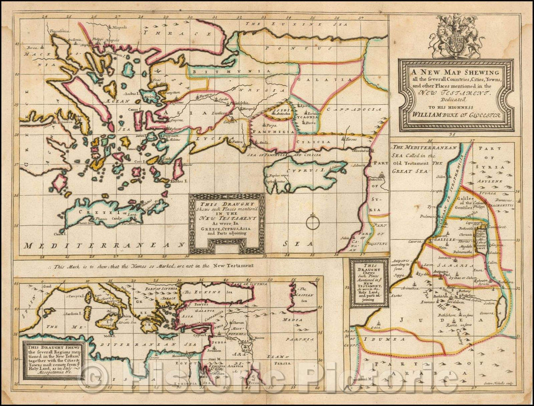 Historic Map - A New Map Shewing all the several Counties, Cities, Towns, and other Places mentioned in the New Testament, 1712, Edward Wells - Vintage Wall Art