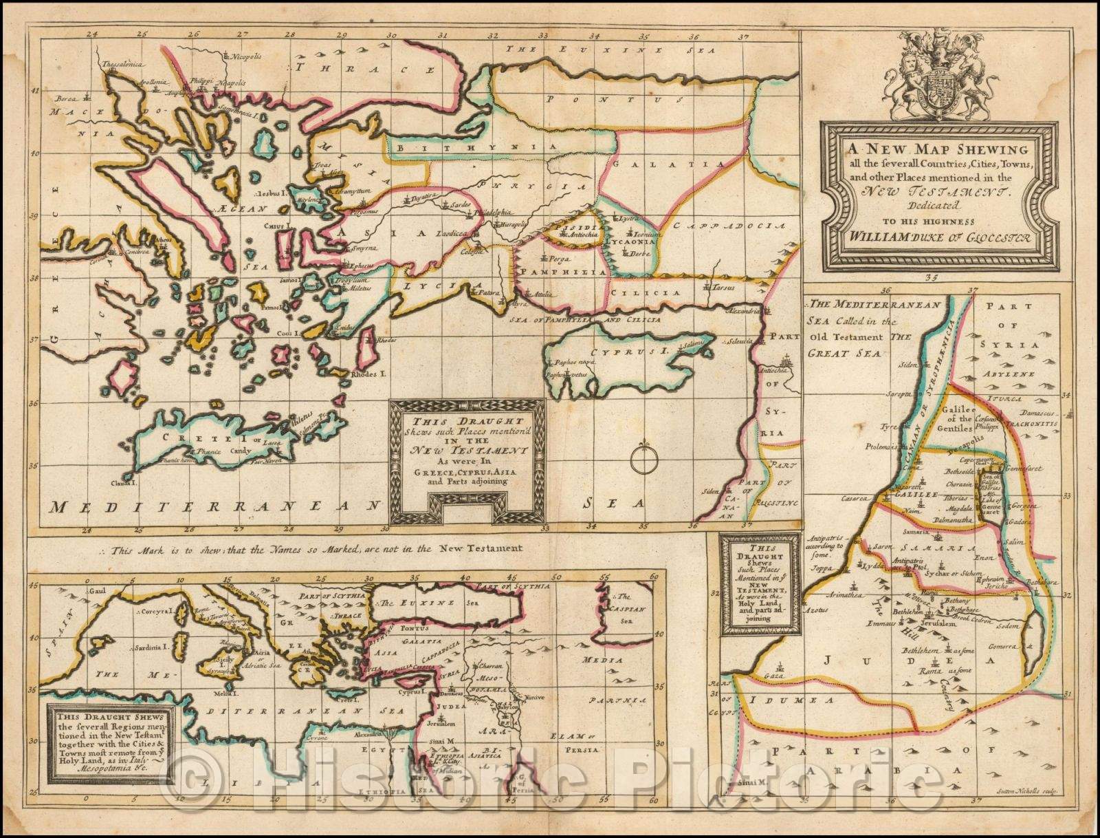 Historic Map - A New Map Shewing all the several Counties, Cities, Towns, and other Places mentioned in the New Testament, 1712, Edward Wells - Vintage Wall Art
