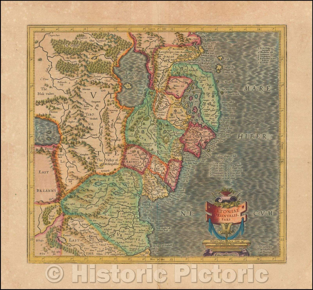 Historic Map - Ultonia Orientales Pars (Belfast/Northeastern Ireland), 1619, Gerard Mercator - Vintage Wall Art