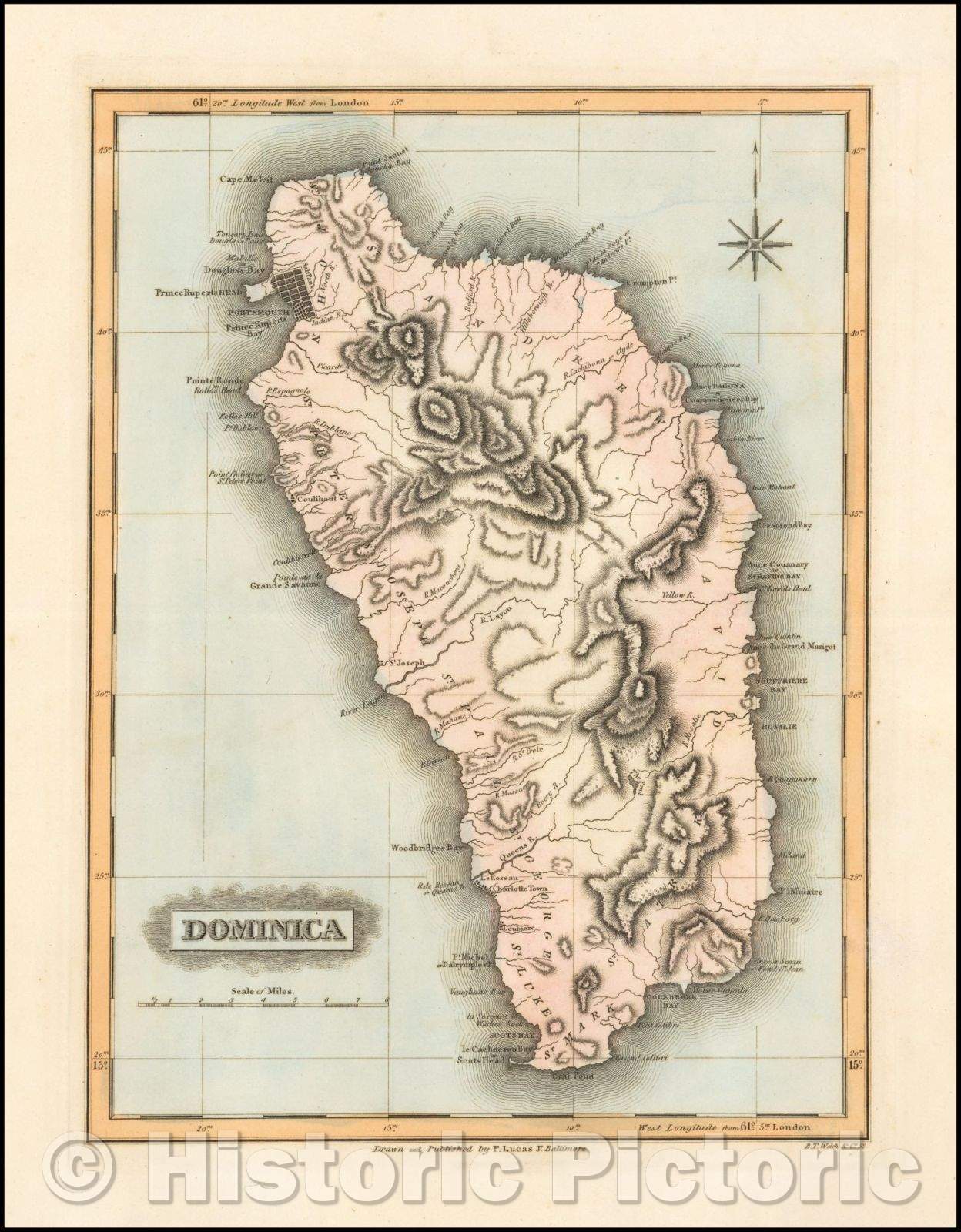 Historic Map - Dominica, 1823, Fielding Lucas Jr. - Vintage Wall Art