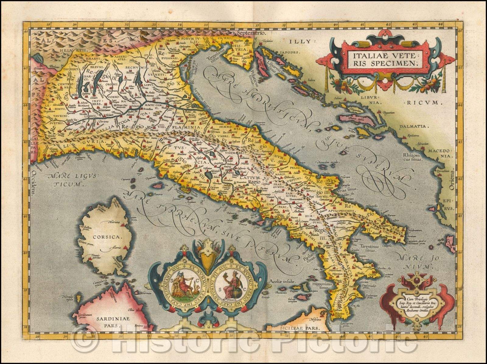 Historic Map - Italiae Veteris Specimen, 1624, Abraham Ortelius - Vintage Wall Art