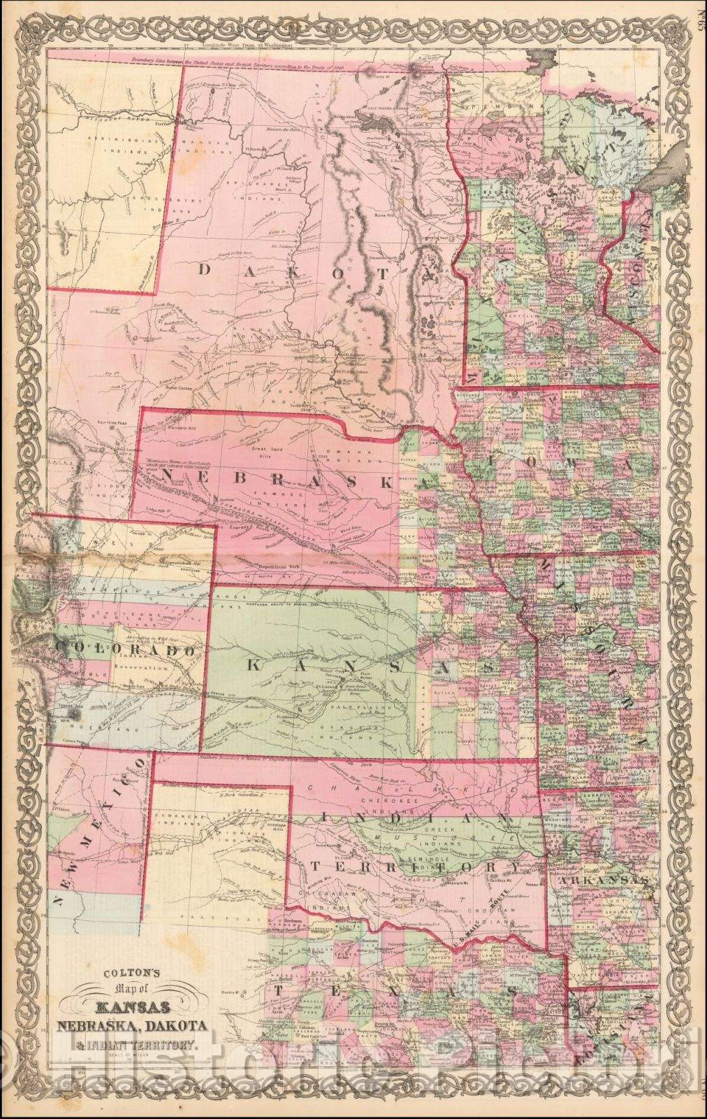 Historic Map - Colton's Map of Kansas, Nebraska, Dakota, Indian Territory, 1865, Joseph Hutchins Colton v1