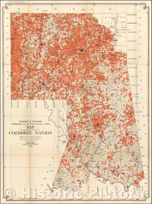 Historic Map - Map Showing progress of the Allotment in the Cherokee Nation Indian Territory, 1904, United States Department of the Interior - Vintage Wall Art
