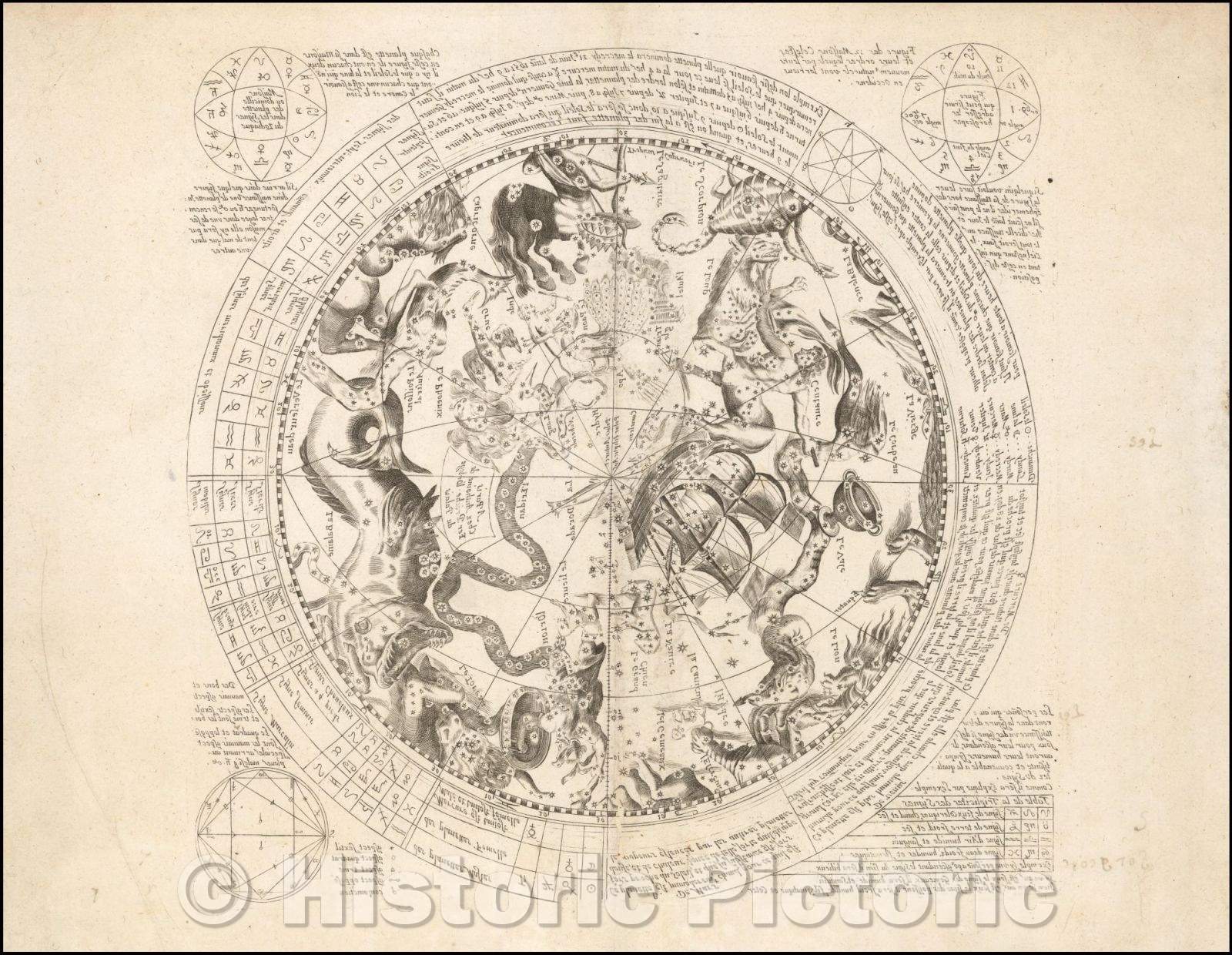 Historic Map - Celestial Chart of Southern Hemisphere with Horoscope and Astrological Information, Printed in Mirror Image, 1651, Antoine De Fer - Vintage Wall Art
