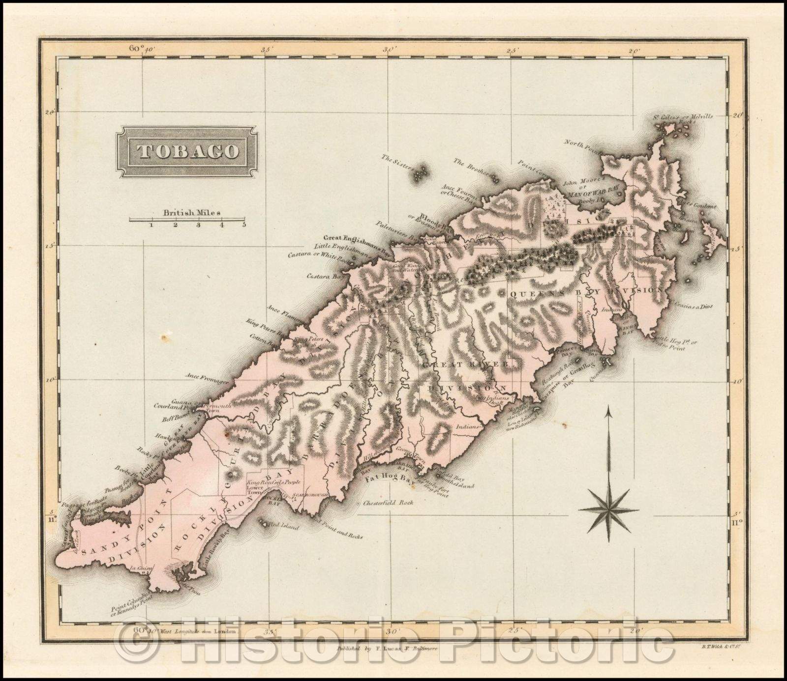 Historic Map - Tobago, 1823, Fielding Lucas Jr. - Vintage Wall Art