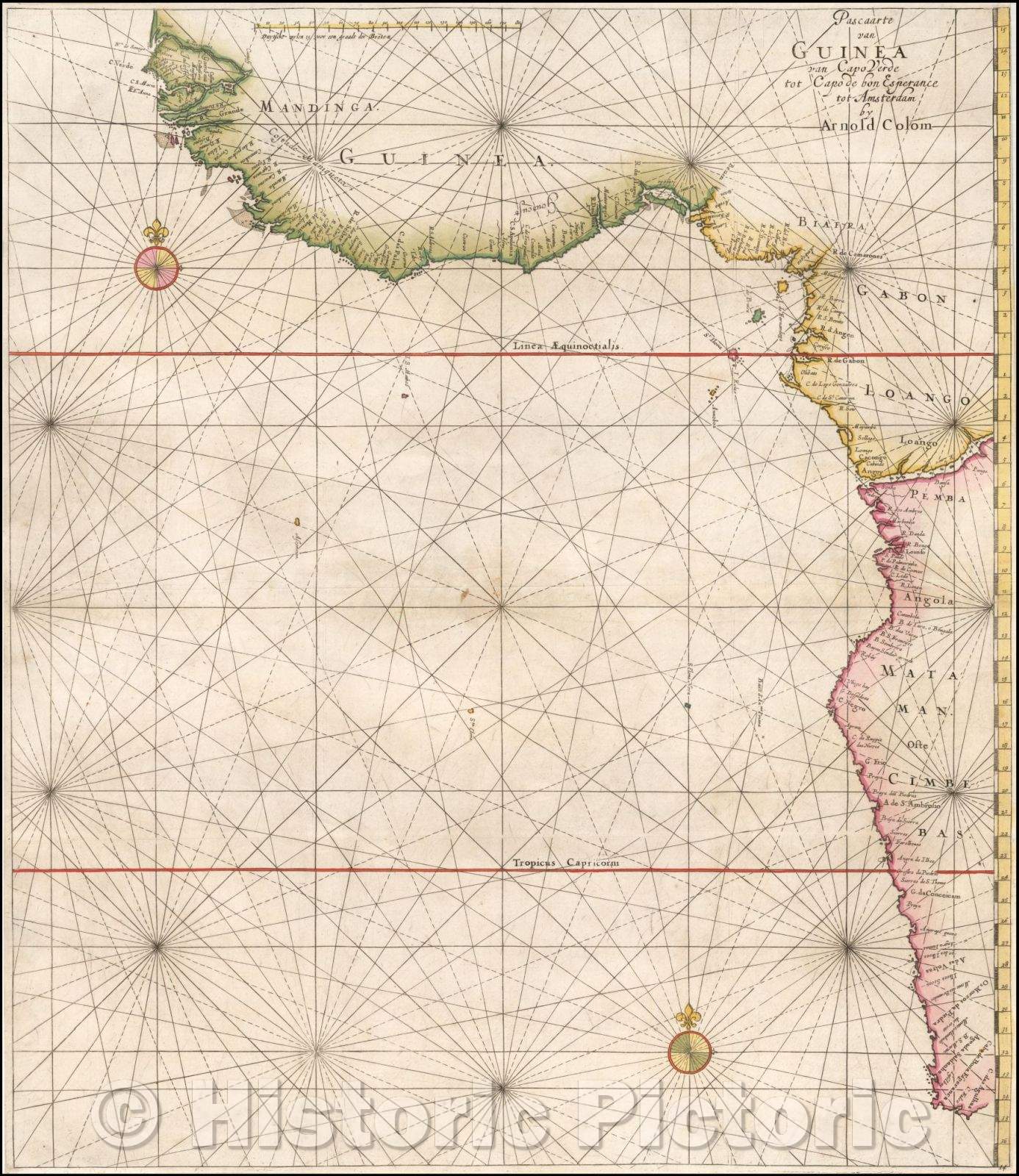 Historic Map - Pascaarte van Guinea van Capo Verde tot Capo de bon Esperance, 1654, Arnold Colom - Vintage Wall Art