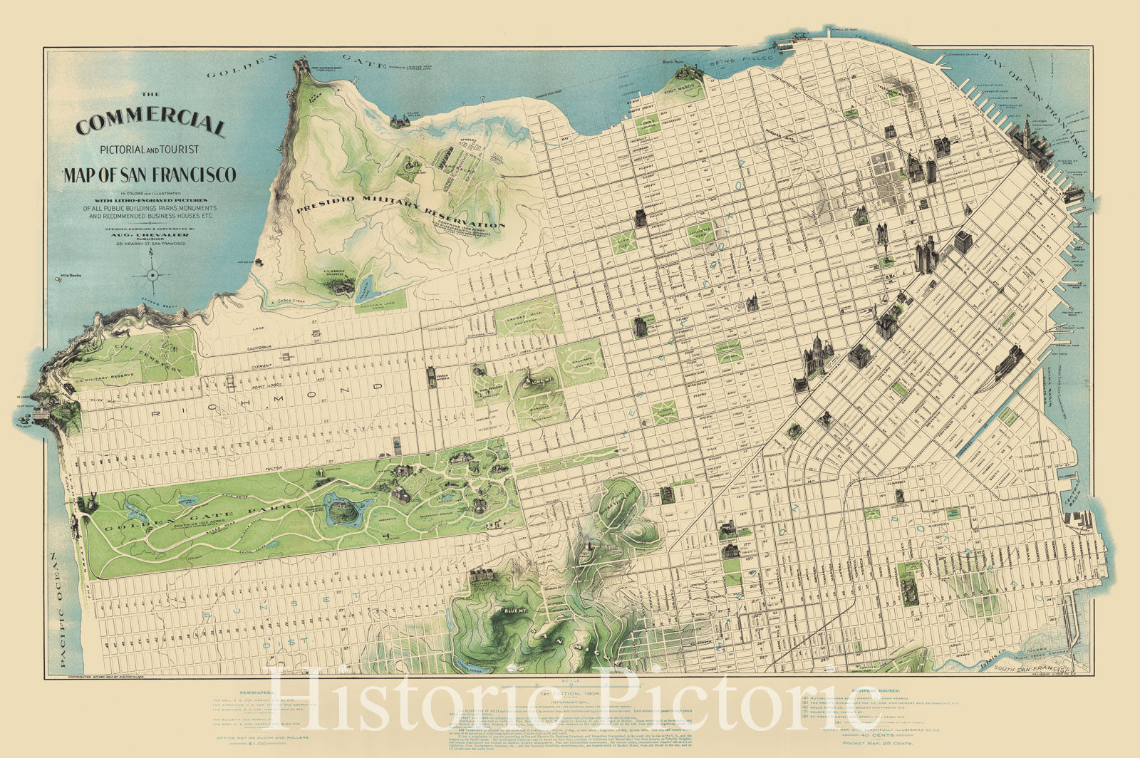 Historic Map - The Commercial Pictorial and Tourist Map of San Francisco, 1904, Augustus Chevalier - Vintage Wall Art