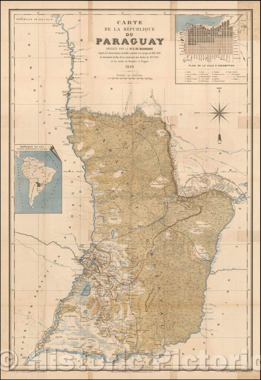 Historic Map - Carte de La Republique du Paraguay Dressee Par Le Dr. E. De. Bourgade/Map of The Republic of Paraguay, large inset Map of the Asuncion, 1889 - Vintage Wall Art