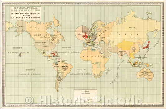 Historic Map - Geographical Distribution of Imports and Exports of the United States in, 1896, U.S. Government - Vintage Wall Art