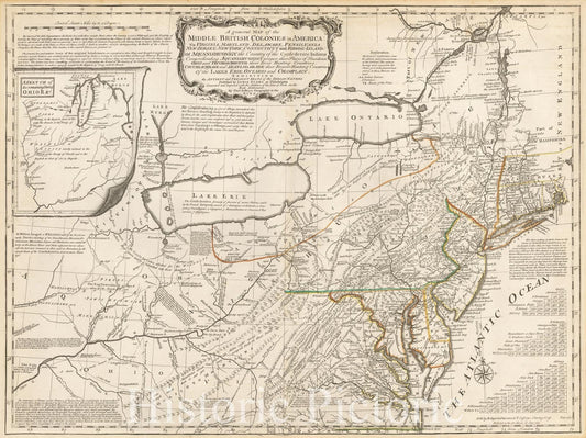 Historic Map - A General Map of America, viz. Virginia, Maryland, Delaware, Pennsylvania, New-Jersey, New-York, Connecticut and Rhode Island, 1755, Lewis Evans - Vintage Wall Art