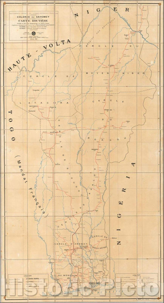Historic Map - Gouvernement General de L Afrique Occidentale Francaise/Transportation Map of the French African Colonie of Dahomey (Benin), 1928 - Vintage Wall Art