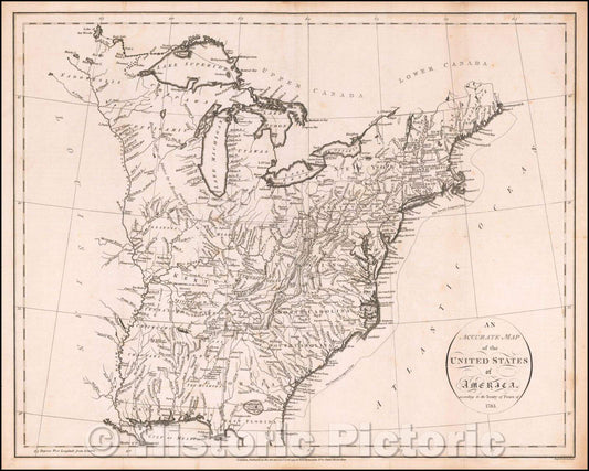 Historic Map - An Accurate Map of the United States of America according to the treaty of Peace of, 1794, John Russell - Vintage Wall Art