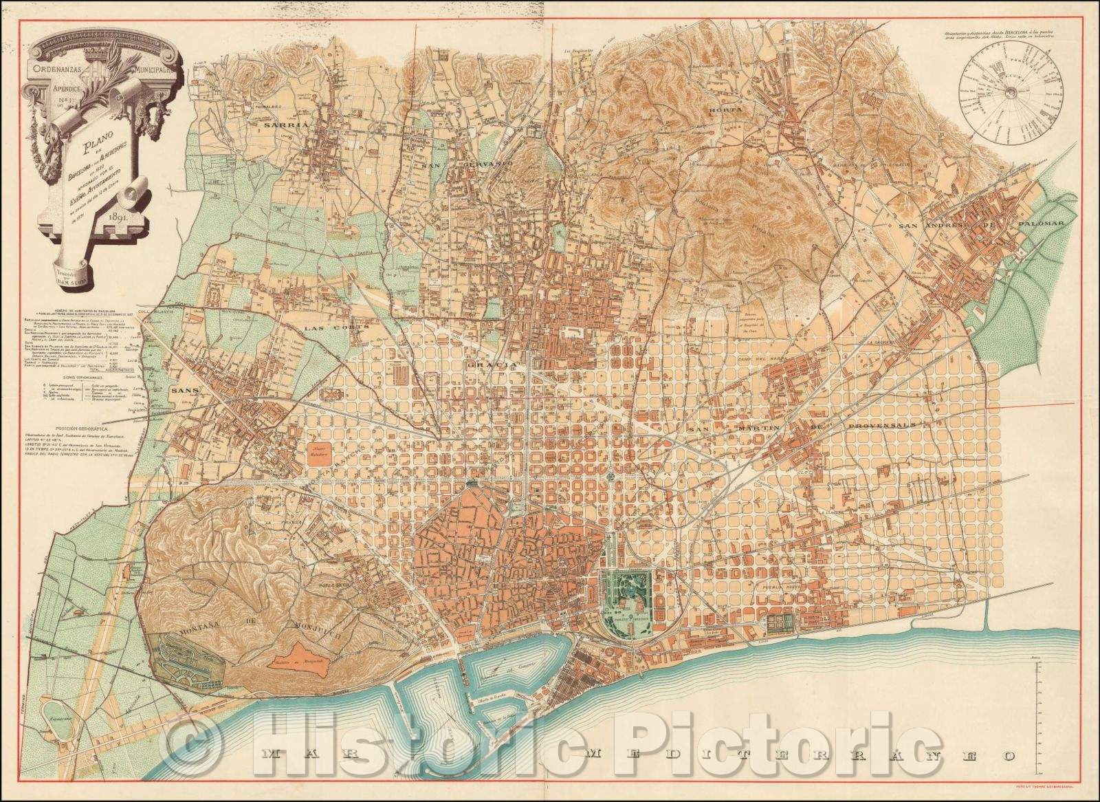 Historic Map - Plano de Barcelona y sus Alrededores en 1890 Aprobado por el Exemo. Ayunta :: Barcelona plane and its surroundings in 1890 Approved, 1891 - Vintage Wall Art