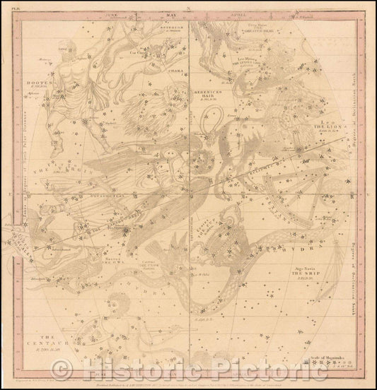 Historic Map - Constellations, April, May & June Sky - Virgo, Leo, Libra, Leo Minor, Ursa Major, Argo Navis, Centaur, Hydra, Crater, Curvus, 1835 v2