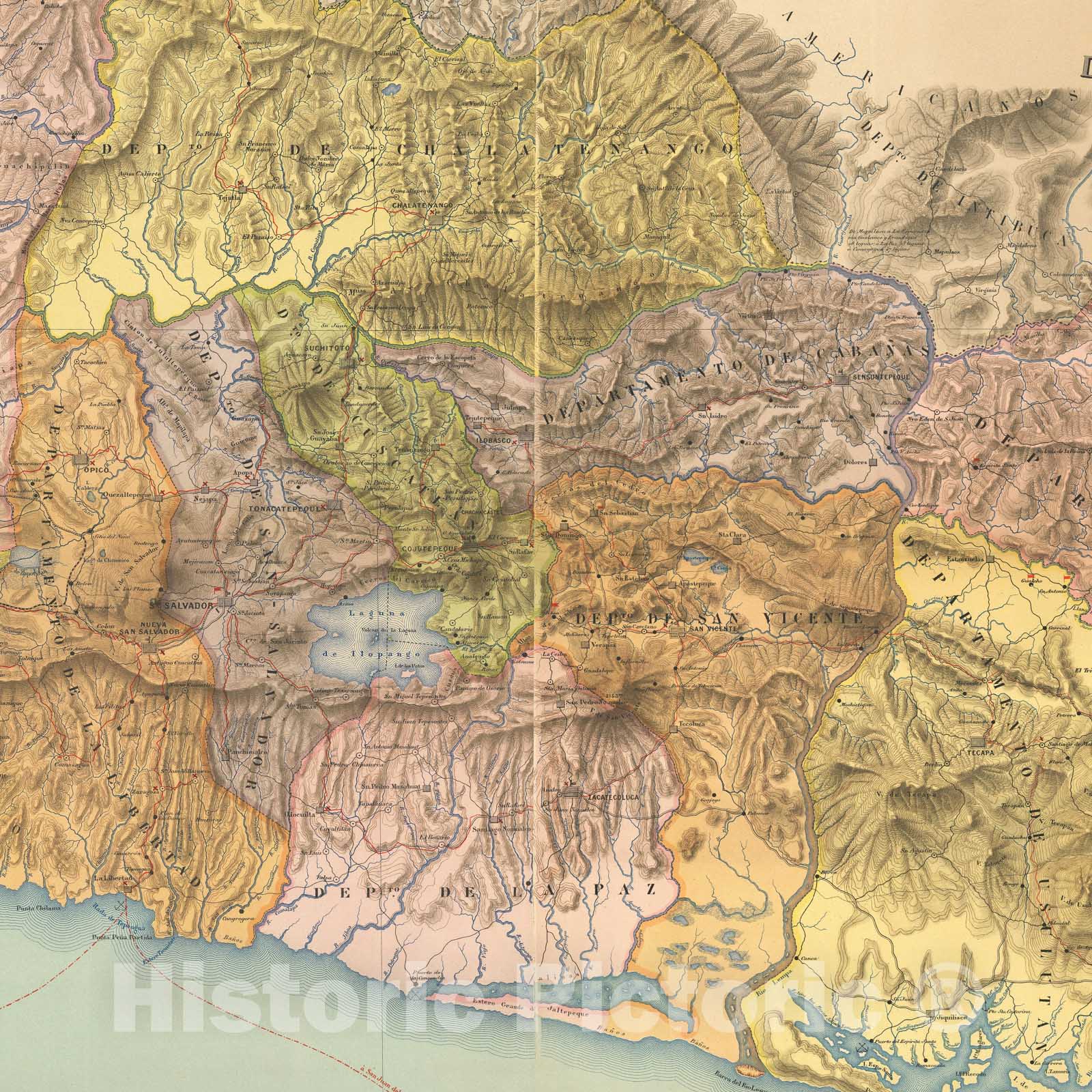 Historic Map - Mapa Pol?ico Escolar y Telegr?ico de la Republica del Salvador/First Map of El Salvador, 1887, Guillermo J. Dawson - Vintage Wall Art